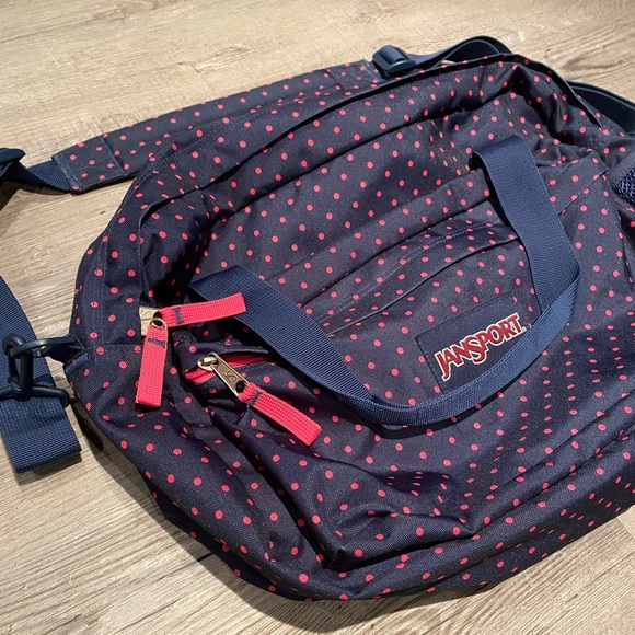 JanSport Overnight Duffle Bag Navy Blue Pink Polka Dot - Picture 2 of 4